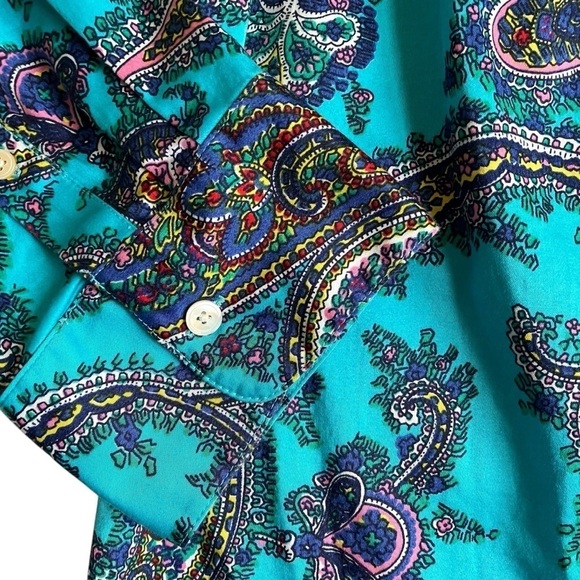Talbots Classic Button Down Rainbow Multi Color Turquoise Paisley Print Sz 2X - Picture 6 of 16